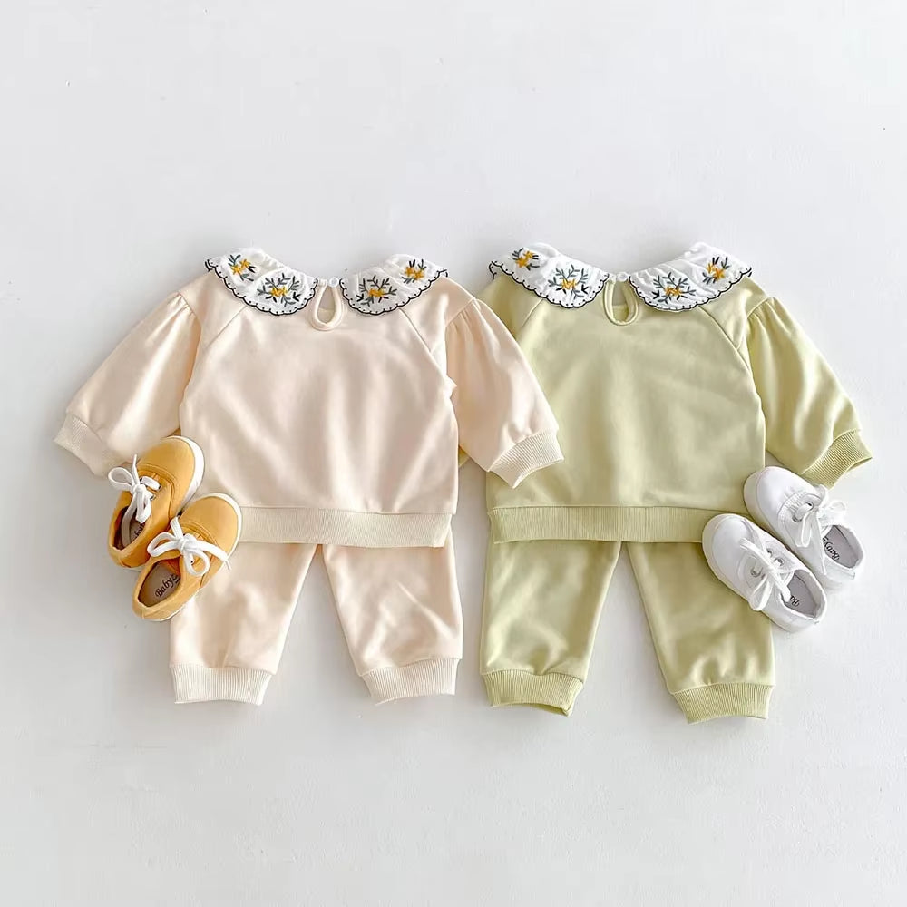 2024 Autumn Children'S Clothing Set 0-4Y Girls Embroider Doll Collar Hoodies Suit Kid'S Pullover and Pants 2Pcs