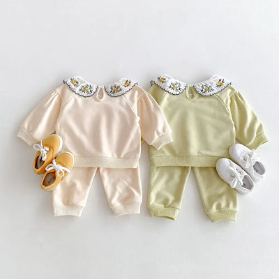 2024 Autumn Children'S Clothing Set 0-4Y Girls Embroider Doll Collar Hoodies Suit Kid'S Pullover and Pants 2Pcs