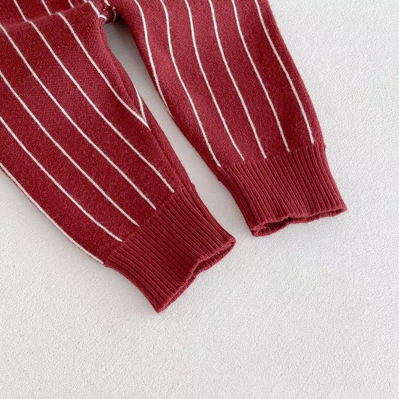New Autumn Baby One Year Old Set 3-24M Vertical Stripes Boys' Red Suit Handsome Toddler Thin Knitted Two-Piece Set