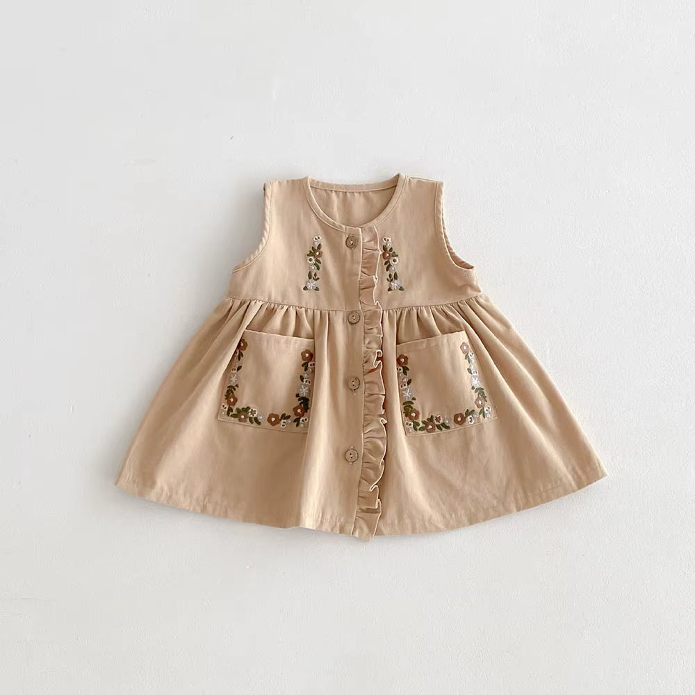 Girls' Autumn Clothes 2024 New Children'S Fashion Tank Top Dress Embroidery Single Breasted Vest Dress Optional Shirt