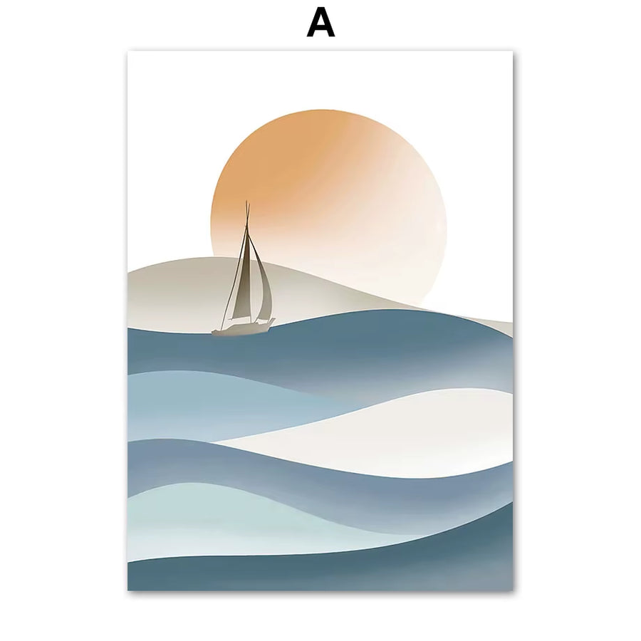 Boho Ocean Sun Rainbow Lotus Tree Abstract Landscape Posters and Prints Wall Art Canvas Painting Pictures for Living Room Decor