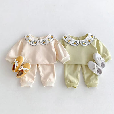 2024 Autumn Children'S Clothing Set 0-4Y Girls Embroider Doll Collar Hoodies Suit Kid'S Pullover and Pants 2Pcs