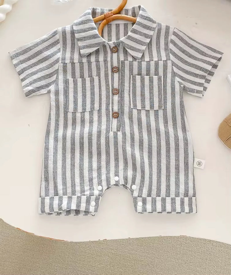 Baby Boys Rompers Striped Jumpsuits Turn down Collar Toddler Boys Summer Clothing