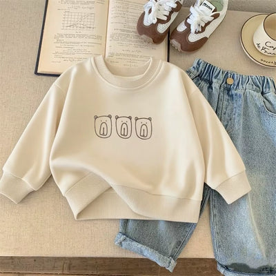 Thin Tops for Boys Girls Long-Sleeved Hoodie New Solid Color Versatile Pullover Shirt Toddler Cute Print round Neck Sweatshirts