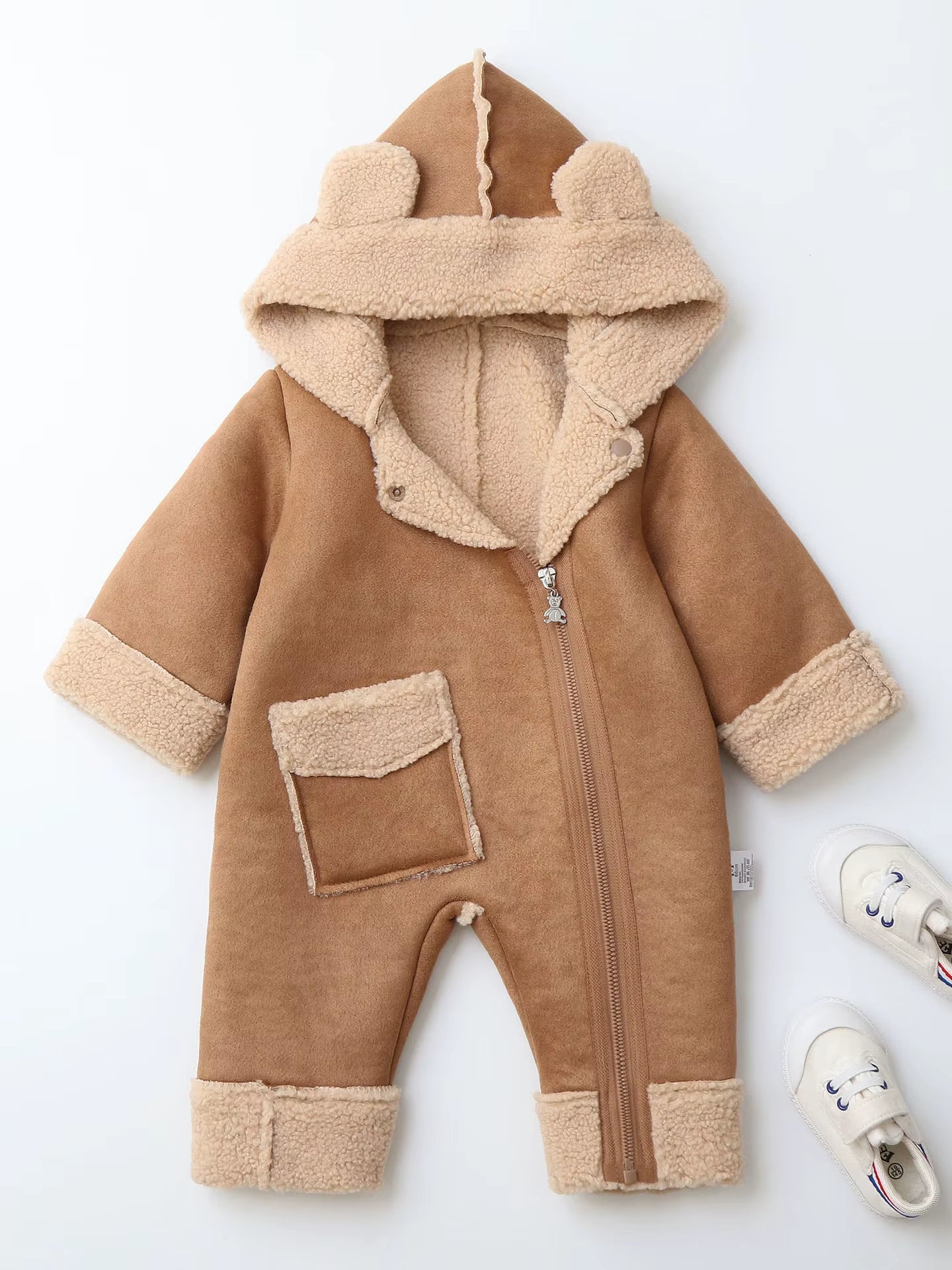 0-2Y Winter Baby Boys Clothes Fur Hoodie Girls Jumpsuits Fleece Lining Baby Rompers Windy Break Infant Outfit