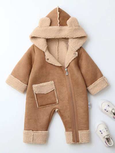 0-2Y Winter Baby Boys Clothes Fur Hoodie Girls Jumpsuits Fleece Lining Baby Rompers Windy Break Infant Outfit
