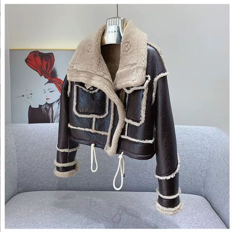 2024 Korean Girls Leather Fur Thicken Coat Full Sleeve Winter Teenager Girls Coat Locomotive Jacket 3-15