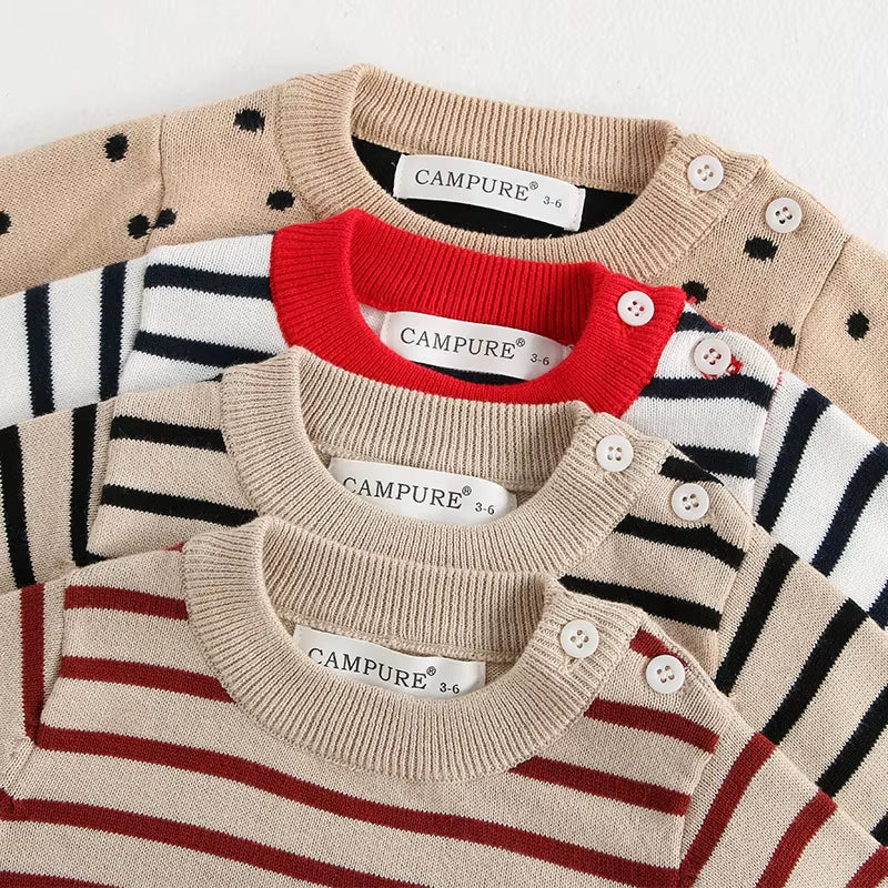 Classic Spring Baby Sweatshirt with Shoulder Buckle 0-3Y Toddler Stripe Knitted Pullover Girls and Boys Loose Base Tops Sweater
