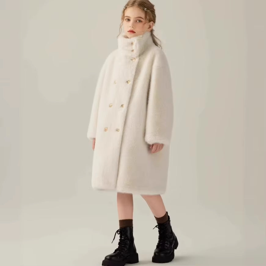Children Fur Coat Autumn Winter Girls Imitation Mink Fur Little Girls Medium Length Cotton Clip Thickened Faux Fur Coat