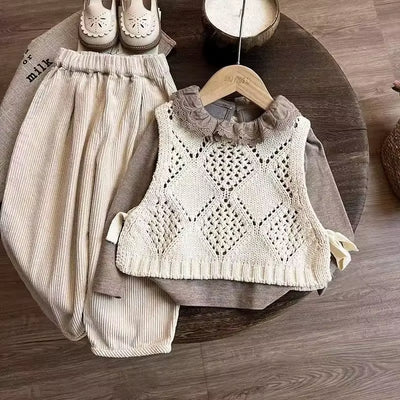 Childrens Clothing Set 2025 New Childrens Yarn Vest Base Shirt Baby Spring and Autumn Pants Three Piece Set