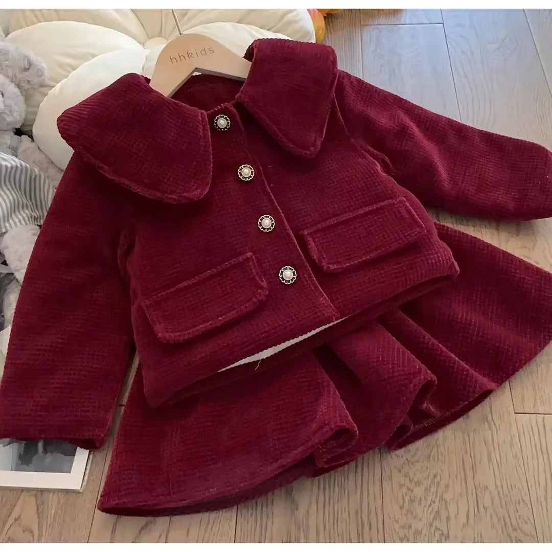 Girls Set Red New Year Dress Set New Baby Cotton Clip Thickened Women Treasure Coat Top Autumn/Winter Plush Skirt Two Piece Set