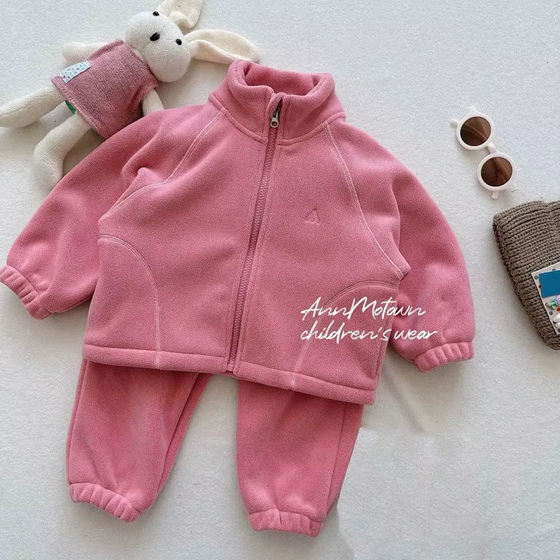 New Autumn Kids Clothes Set 2-7T Solid Color Girls Thicken Jacket+Pants Candy Color Cute Children Outfit 2PCS