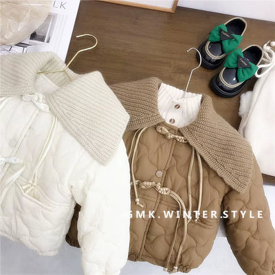 Girls' Flannel Cotton Coat Autumn and Winter Styles, Children'S Retro Buckle Korean Version Yarn Collar Cotton Clothing Trend