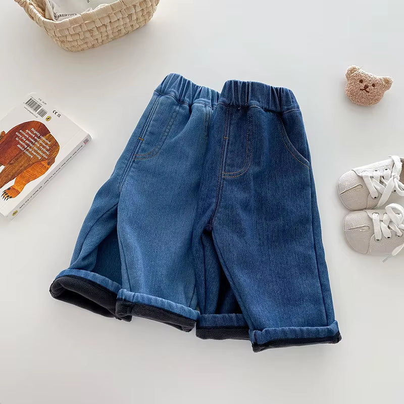 New Winter Kids Jeans 0-5T Girls Cute Solid Color Thicken Denim Blue Pants Children Boys Lose Trousers