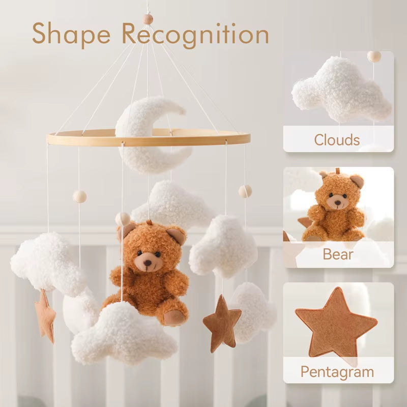 Baby Crib Mobile Rattle Toy Wooden Bed Bell Mobile Hanging Teddy Velvet Bear Doll Toy Newborn Music Box Crib Mobile Bracket Gift