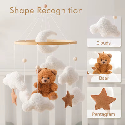 Baby Crib Mobile Rattle Toy Wooden Bed Bell Mobile Hanging Teddy Velvet Bear Doll Toy Newborn Music Box Crib Mobile Bracket Gift