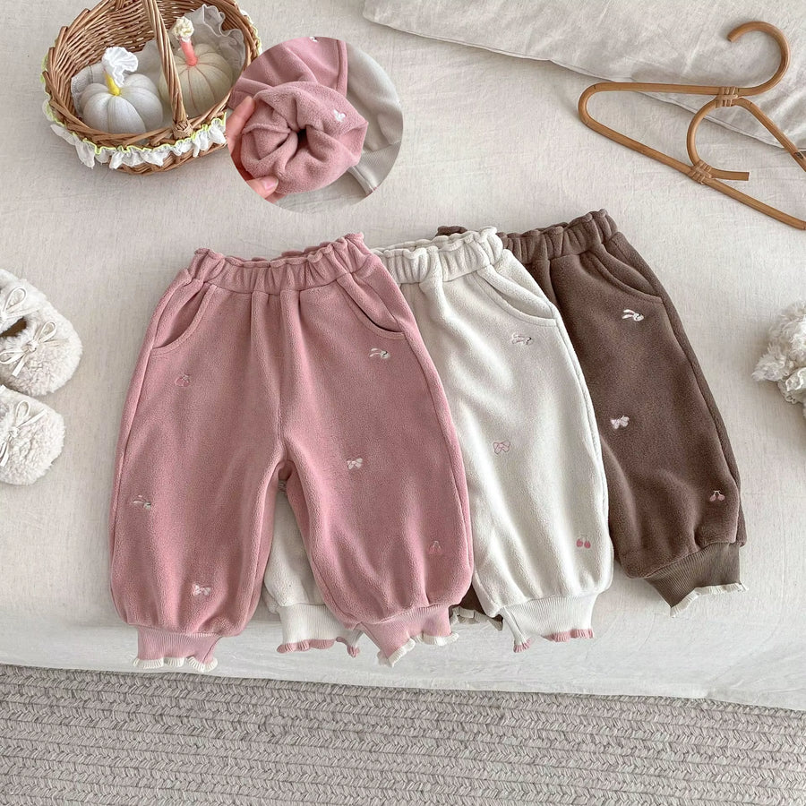 0-5 Y Winter Girls Pants Brushed Fleece Girls Pants Cartoon Embroidery Girls Trousers Warm Lining Kids Full Length Pants