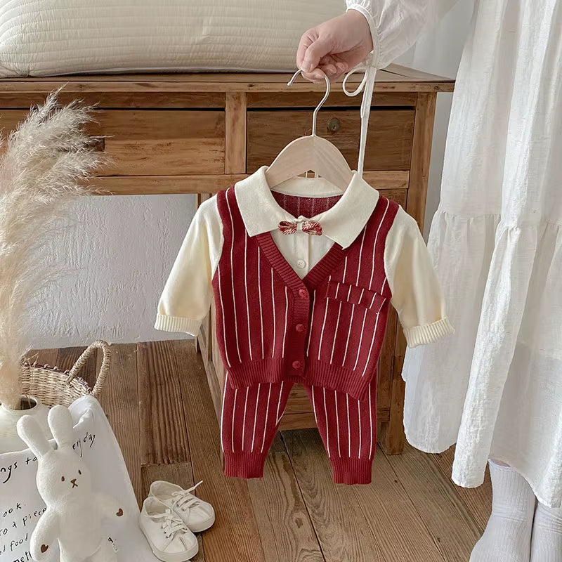 New Autumn Baby One Year Old Set 3-24M Vertical Stripes Boys' Red Suit Handsome Toddler Thin Knitted Two-Piece Set