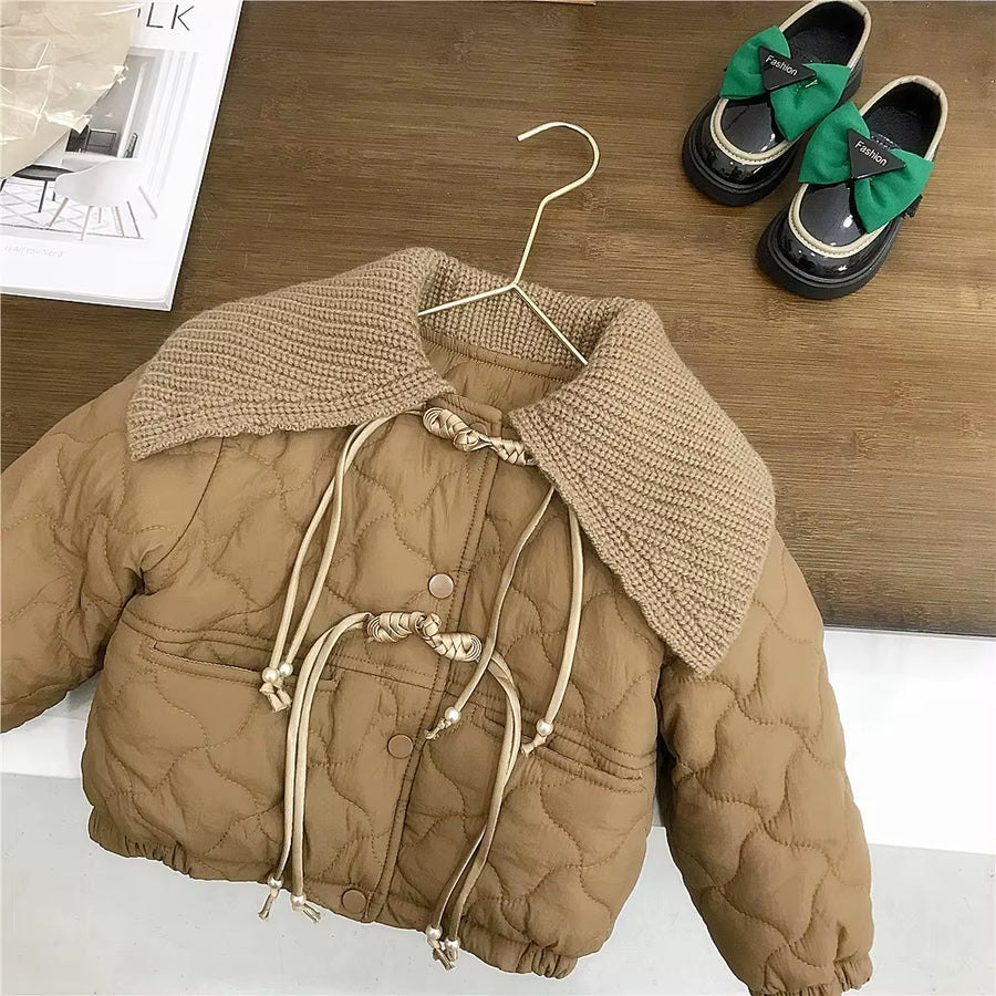 Girls' Flannel Cotton Coat Autumn and Winter Styles, Children'S Retro Buckle Korean Version Yarn Collar Cotton Clothing Trend