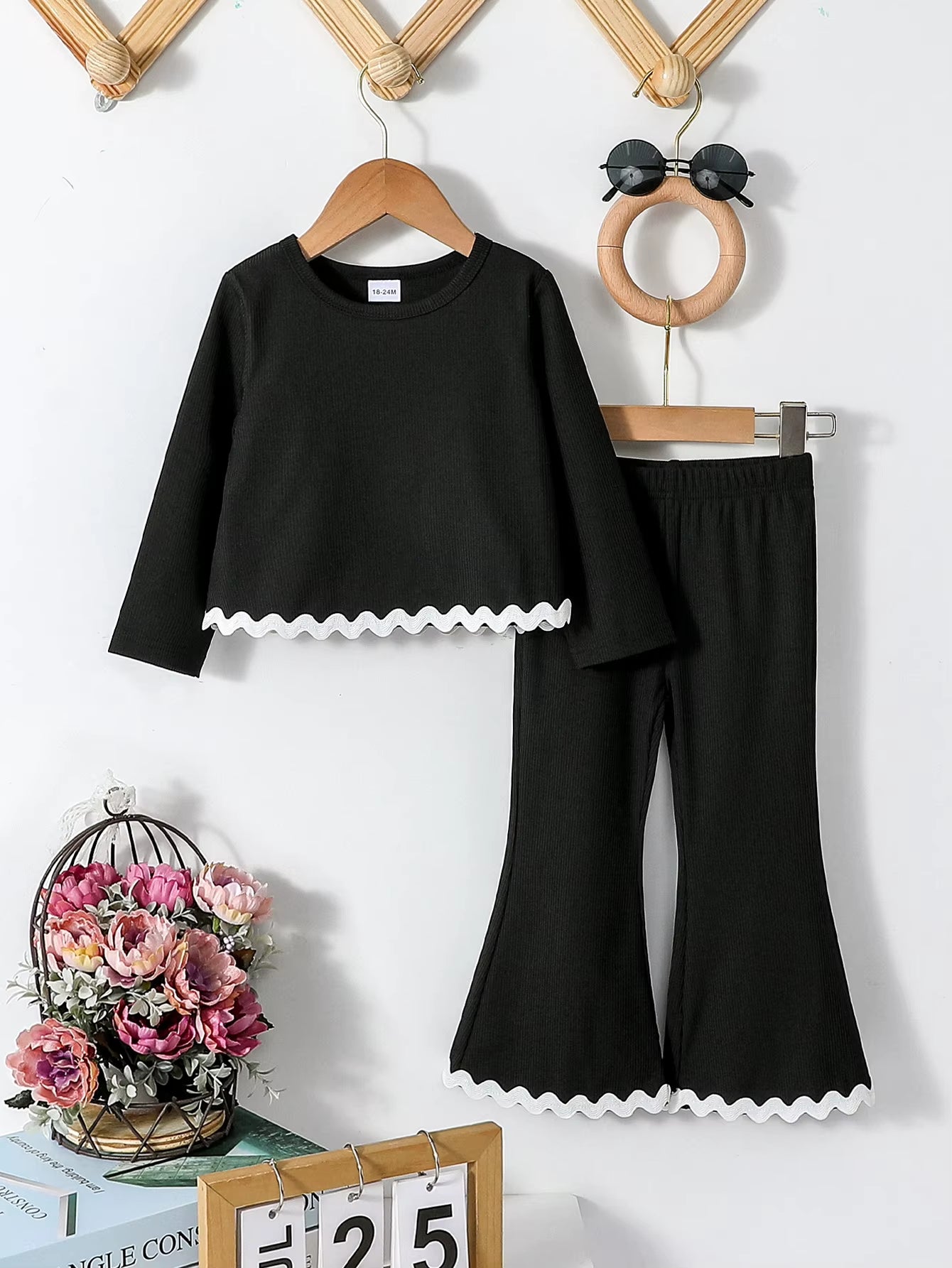 2024 Fashion New Black Stylish Girls’ Spring Autumn Long Sleeve Top &Flared Pants Suit Set for 1-6Y Streetwear