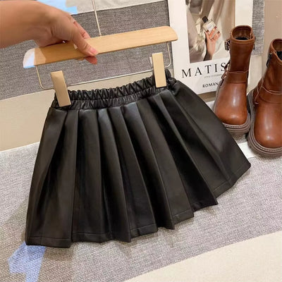 New Children'S Skirt 2025 Autumn/Winter New PU Leather Skirt Solid Color Hundred Fold Half Body Skirt Versatile