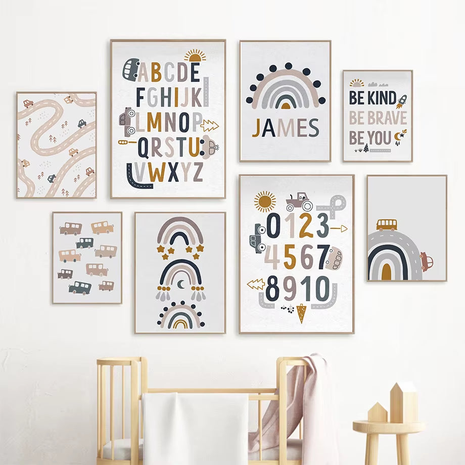 Boho Car Traffic Rainbow Alphabet Digit Wall Art Canvas Painting Nordic Cartoon Posters and Prints Pictures Baby Kids Room Decor