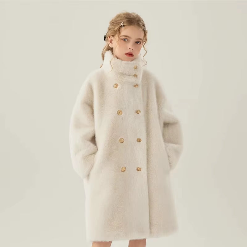 Children Fur Coat Autumn Winter Girls Imitation Mink Fur Little Girls Medium Length Cotton Clip Thickened Faux Fur Coat