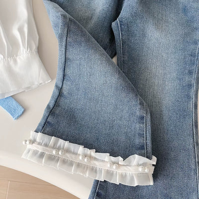 Childrens Clothing Set 2024 New Girls Autumn Clothing Knitted Vest White Shirt Jeans Three Piece Set