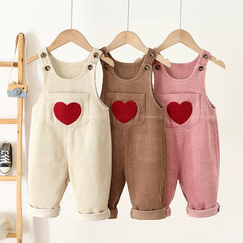 1-4Y Spring Kids Baby Clothes Heart Embroidery Baby Boys Girls Bib Pants Solid Overalls Corduroy Casual Suspender Outwear
