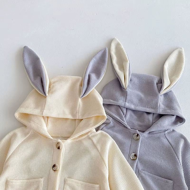 New Spring Kids Clothes Set Girls Cute Waffle Rabbit Ear Hooded Jacket +Pants Baby Sports Suit 2PCS
