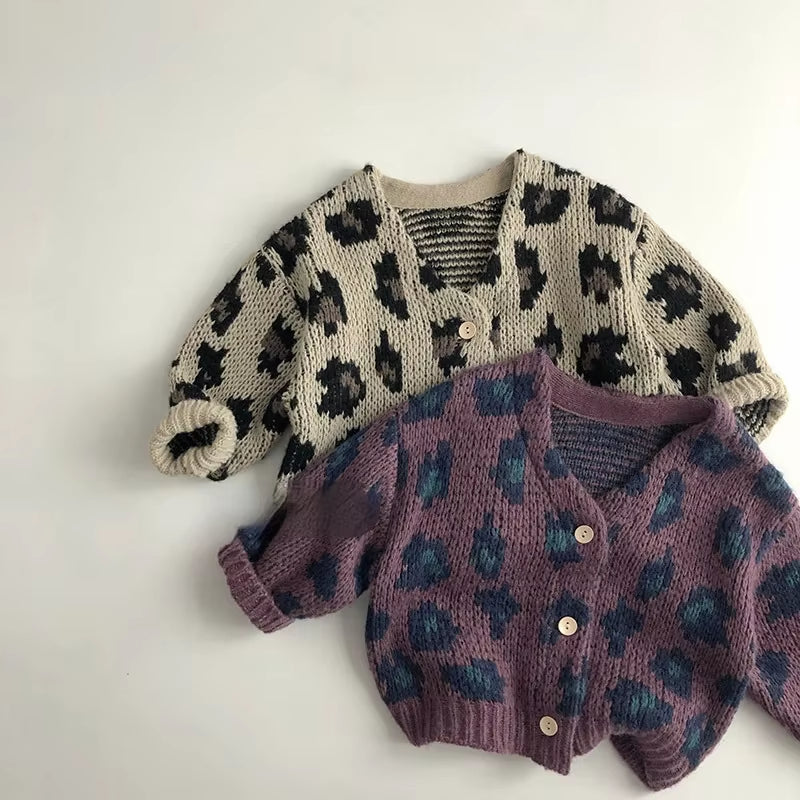 7095 Children Sweater Leopard Print Cardigan Coat 2025 Autumn Winter Korean Boy'S Knitted Sweater Coat