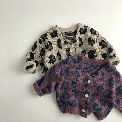 7095 Children Sweater Leopard Print Cardigan Coat 2025 Autumn Winter Korean Boy'S Knitted Sweater Coat