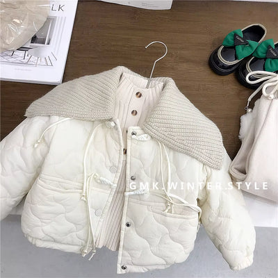 Girls' Flannel Cotton Coat Autumn and Winter Styles, Children'S Retro Buckle Korean Version Yarn Collar Cotton Clothing Trend