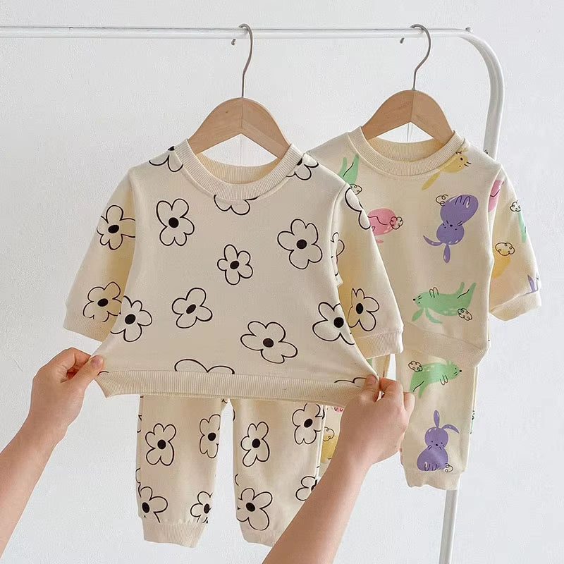 1-4Y Kids Clothing Set Cartoon Print Boys Track Suit O- Neck Hoodie and Full Length Pants 2PCS Girls Suit