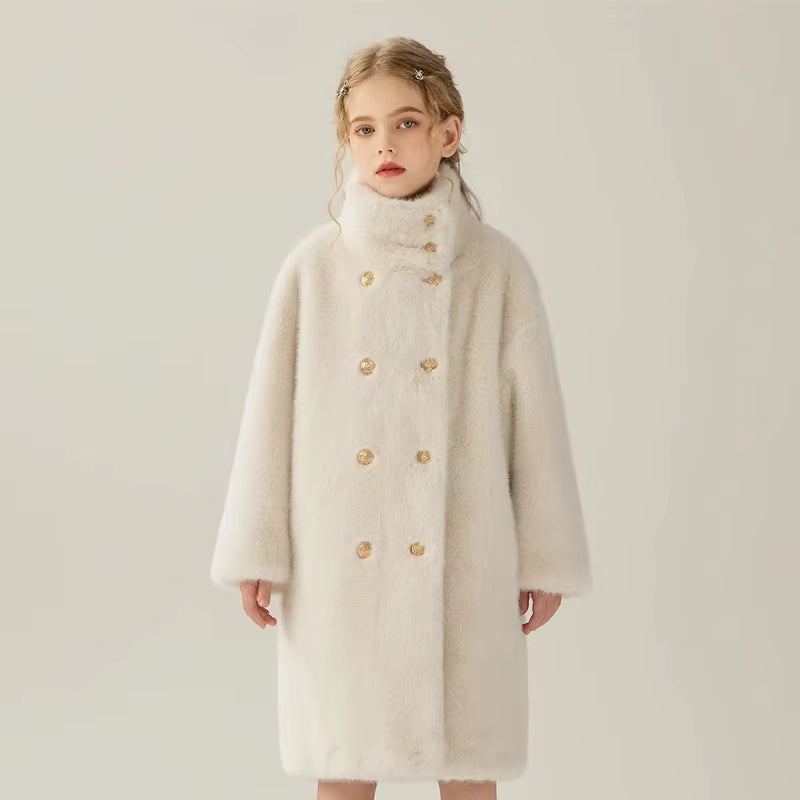 Children Fur Coat Autumn Winter Girls Imitation Mink Fur Little Girls Medium Length Cotton Clip Thickened Faux Fur Coat