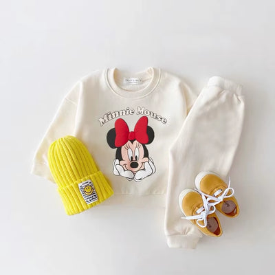 Minnie Sweatshirt Suits Black White Two Piece Set Spring Autumn Costume Fashion Simple Hoodies Sweatpants Kids New Clothing