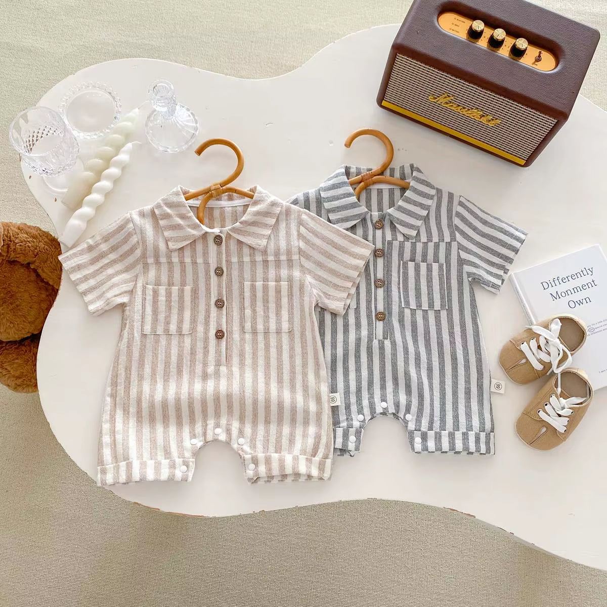 Baby Boys Rompers Striped Jumpsuits Turn down Collar Toddler Boys Summer Clothing