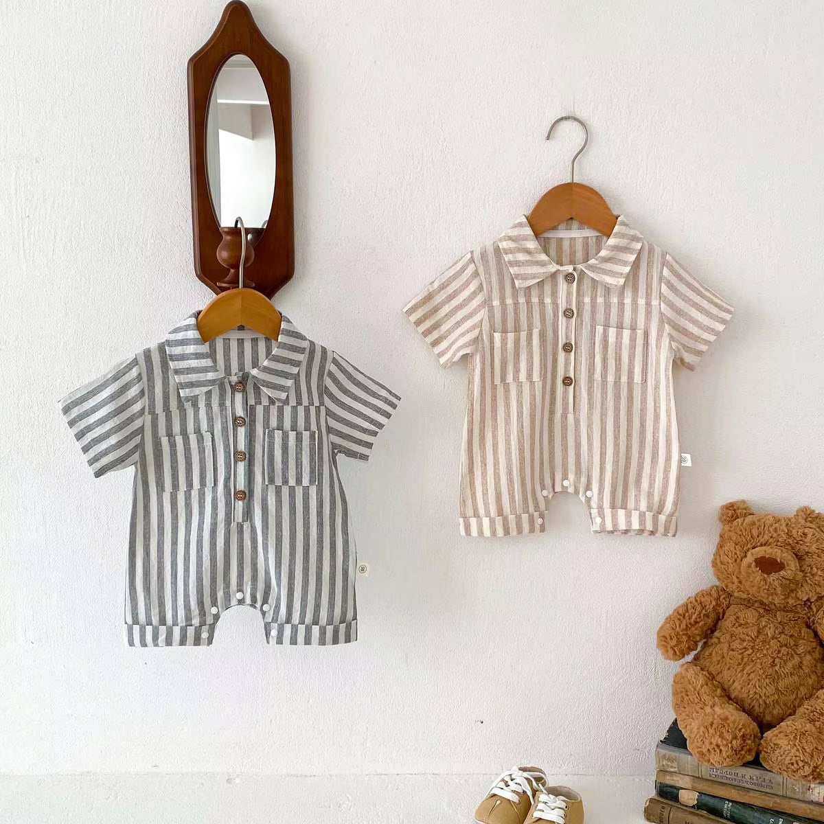 Baby Boys Rompers Striped Jumpsuits Turn down Collar Toddler Boys Summer Clothing