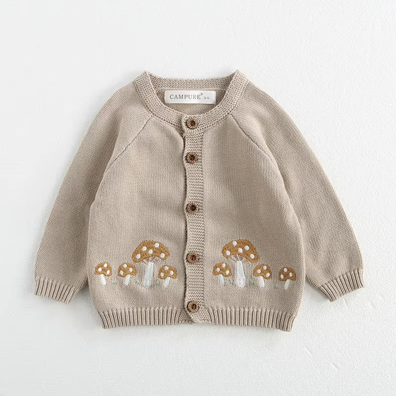 0-3 Y 2024 Autumn Baby Sweater Infant Girls Mushroom Embroidery Cardigan Toddler Boys Knitted Coat Optional Bodysuit