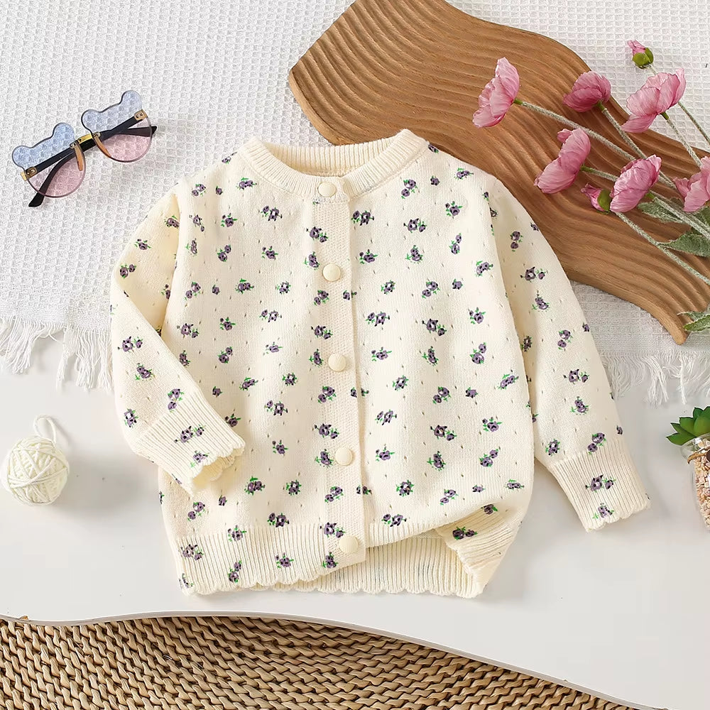 Autumn Children Girls Sweater Loose Solid Single Breasted Infant Babys Girls Knitwear Floral Embroidery Toddler Girls Cardigan