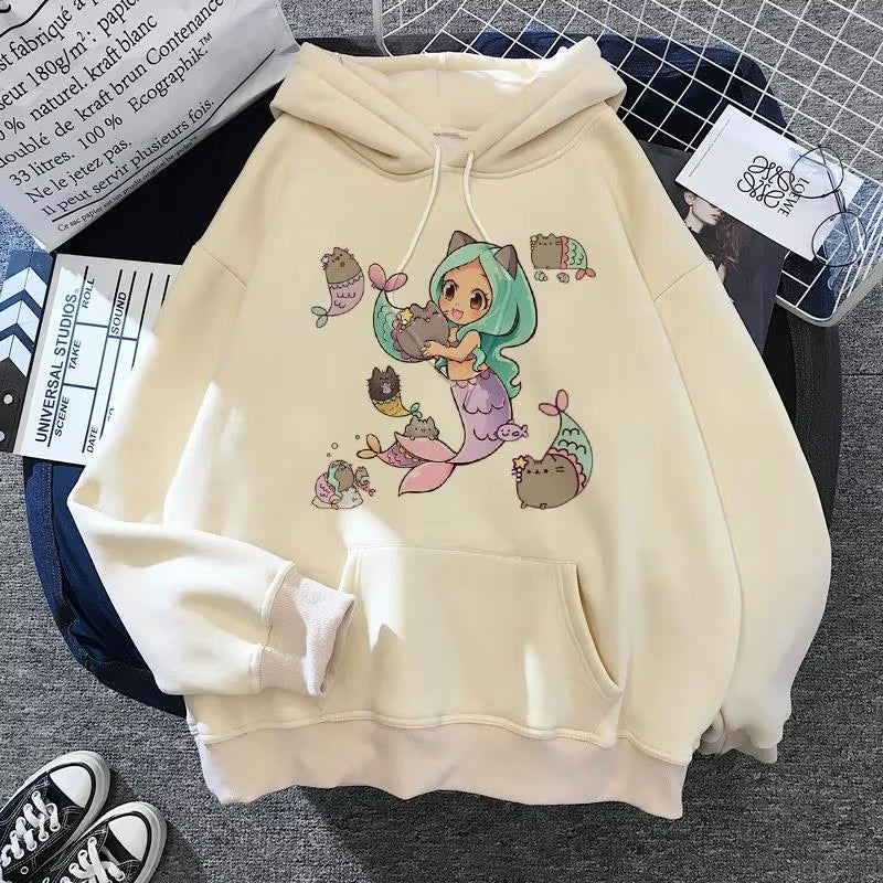 Women'S Cat Hooded Sweatshirt 2024 Cartoon Costume Korean Harajuku Kawai Style Oversized