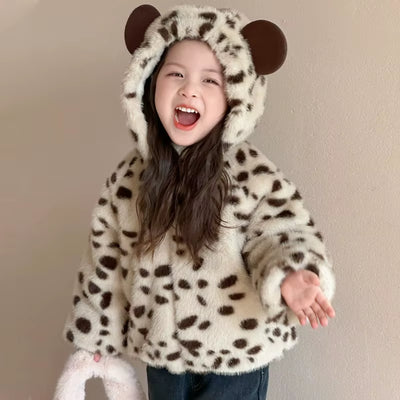 Korean Popular Girl'S Leopard Print Hooded Sweater 2025 New Foreign Trade Winter Imitation Fur Cotton Coat Children'S Clothing