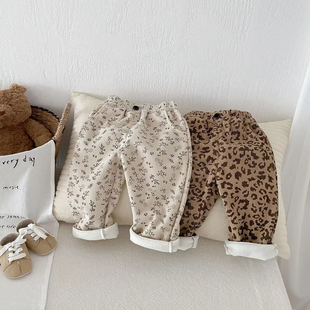 1-5Y Kids Trousers Warm Fur Lining Girls Pants Leopard Print Boys Trousers Fashion Full Length Pants