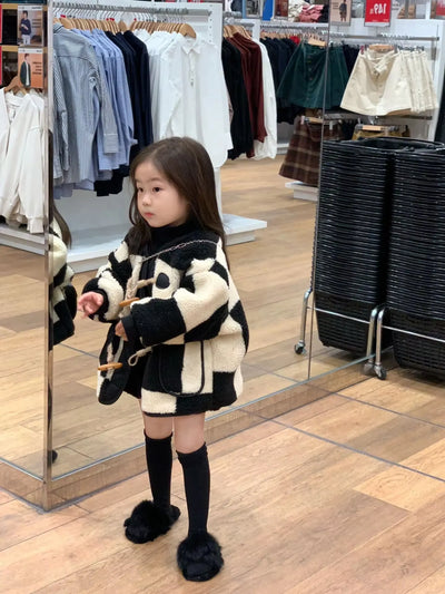 Korean Girls' Winter Clothes Fashion Thick Velvet Checkerboard Pattern Wool Sweater Cow Horn Button Lamb Wool Warm Jacket
