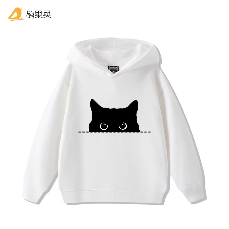 Fashion Simple Cat Print Boys Girls Casual Cute Sweatshirt Children'S Autumn and Winter Comfortable Warm Hooded Sweatshirt