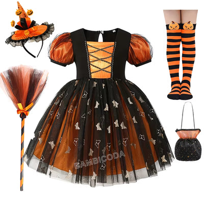 Halloween Disguised Fancy Girl Pumpkin Print Witch Princess Dress Masquerade Party Performance Clothing Cosplay