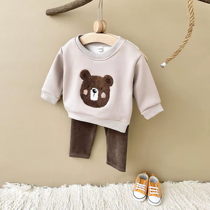 New Autumn Baby Clothes Set 6M-3T Cute Bear Fleece Padded Toddler Girls Hoodie +Pants Infant Leisure Outfit 2PCS