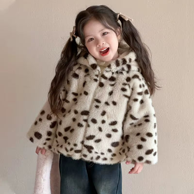 Korean Popular Girl'S Leopard Print Hooded Sweater 2025 New Foreign Trade Winter Imitation Fur Cotton Coat Children'S Clothing