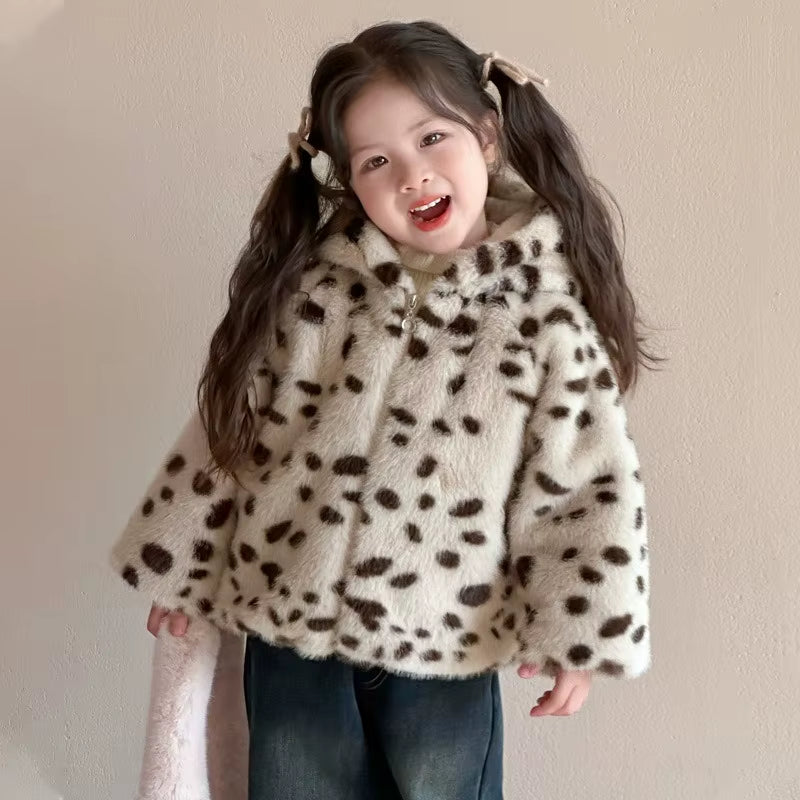 Korean Popular Girl'S Leopard Print Hooded Sweater 2025 New Foreign Trade Winter Imitation Fur Cotton Coat Children'S Clothing