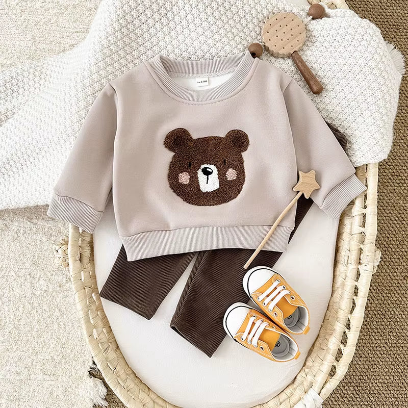 New Autumn Baby Clothes Set 6M-3T Cute Bear Fleece Padded Toddler Girls Hoodie +Pants Infant Leisure Outfit 2PCS